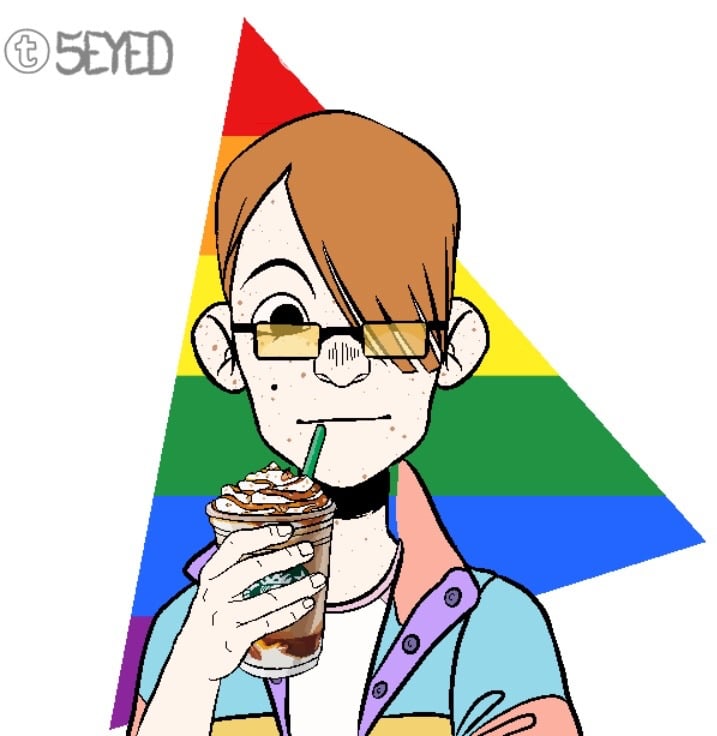 a picrew of a ginger twink with freckles and a starbucks cup