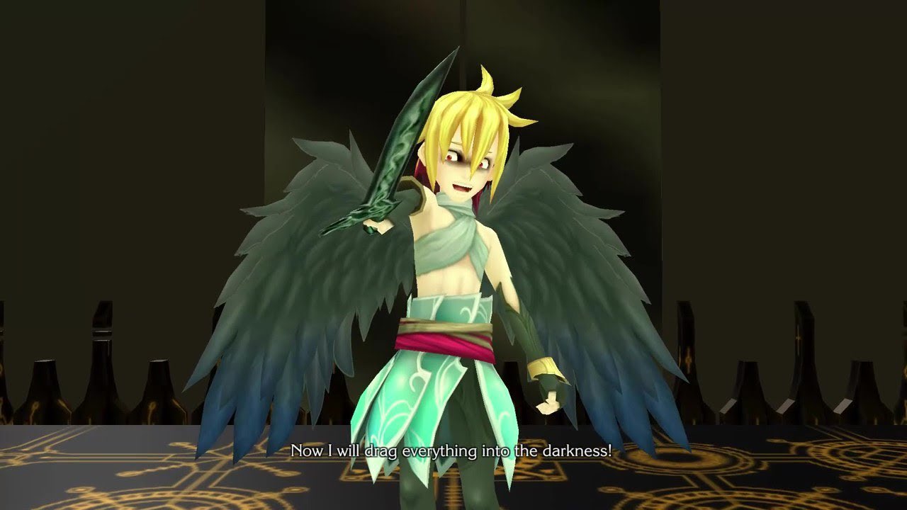 a guy with wings, cloth across his chest, and a dark sword. the caption reads 'Now I will drag everything into darkness'