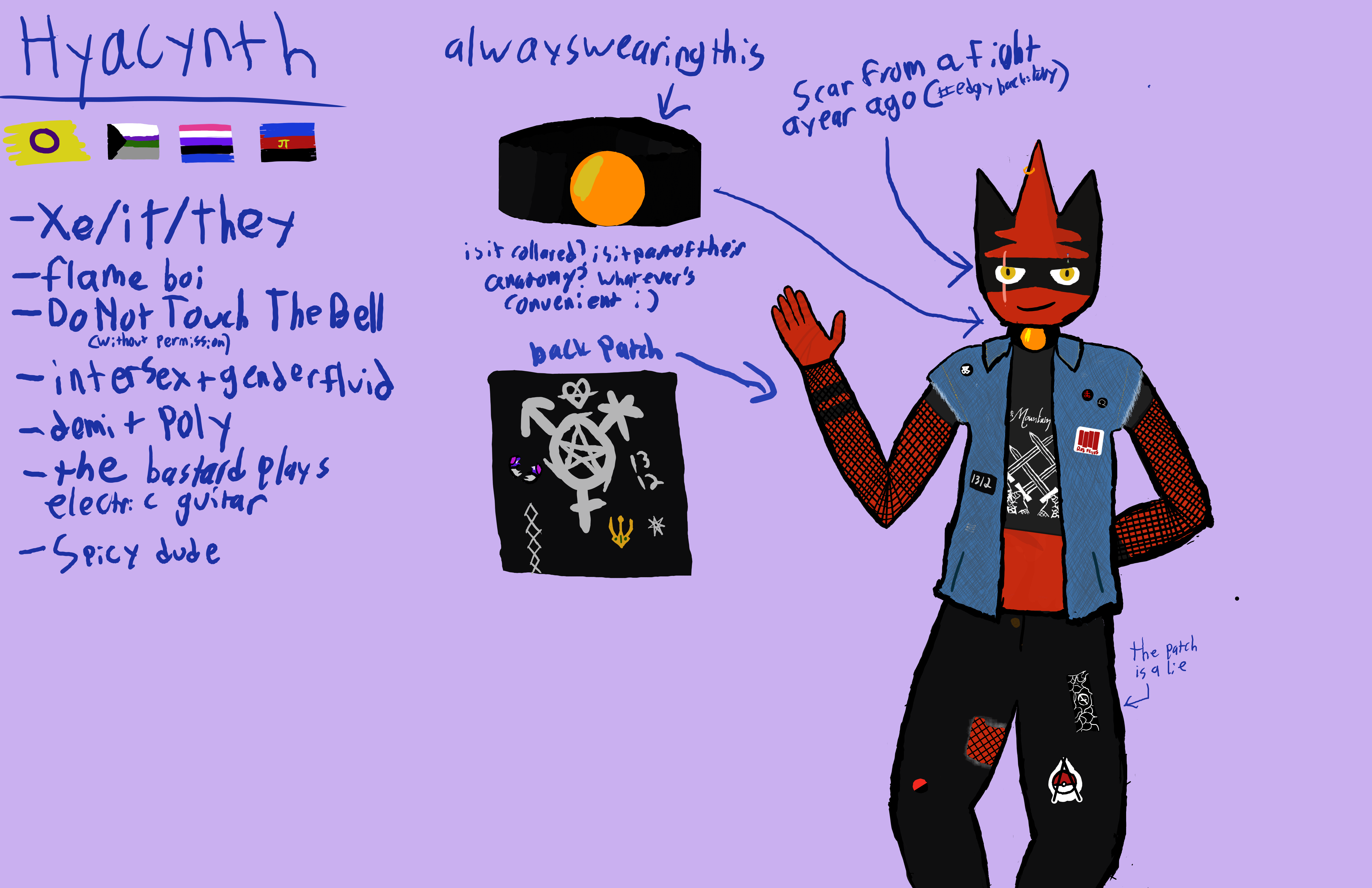 an anthro torracat, hyacinth, wearing a patch vest and pants, and a black crop top with crossed swords. xe also wears fishnet sleeves. it has a scar on its right eye, and its left eyebrow has a piercing. on the right, there are some notes as to their character, and some pride flags. notes are - xe/it/they - flame boi - Do Not Touch The Bell (without permission) - intersex and genderfluid - demi and poly - the bastard plays electric guitar - spicy dude. the flags are the intersex, demiromantic and demisexual, genderfluid, and polyamorous flags. between the notes and Hyacinth are some details, including their collar and back patch.