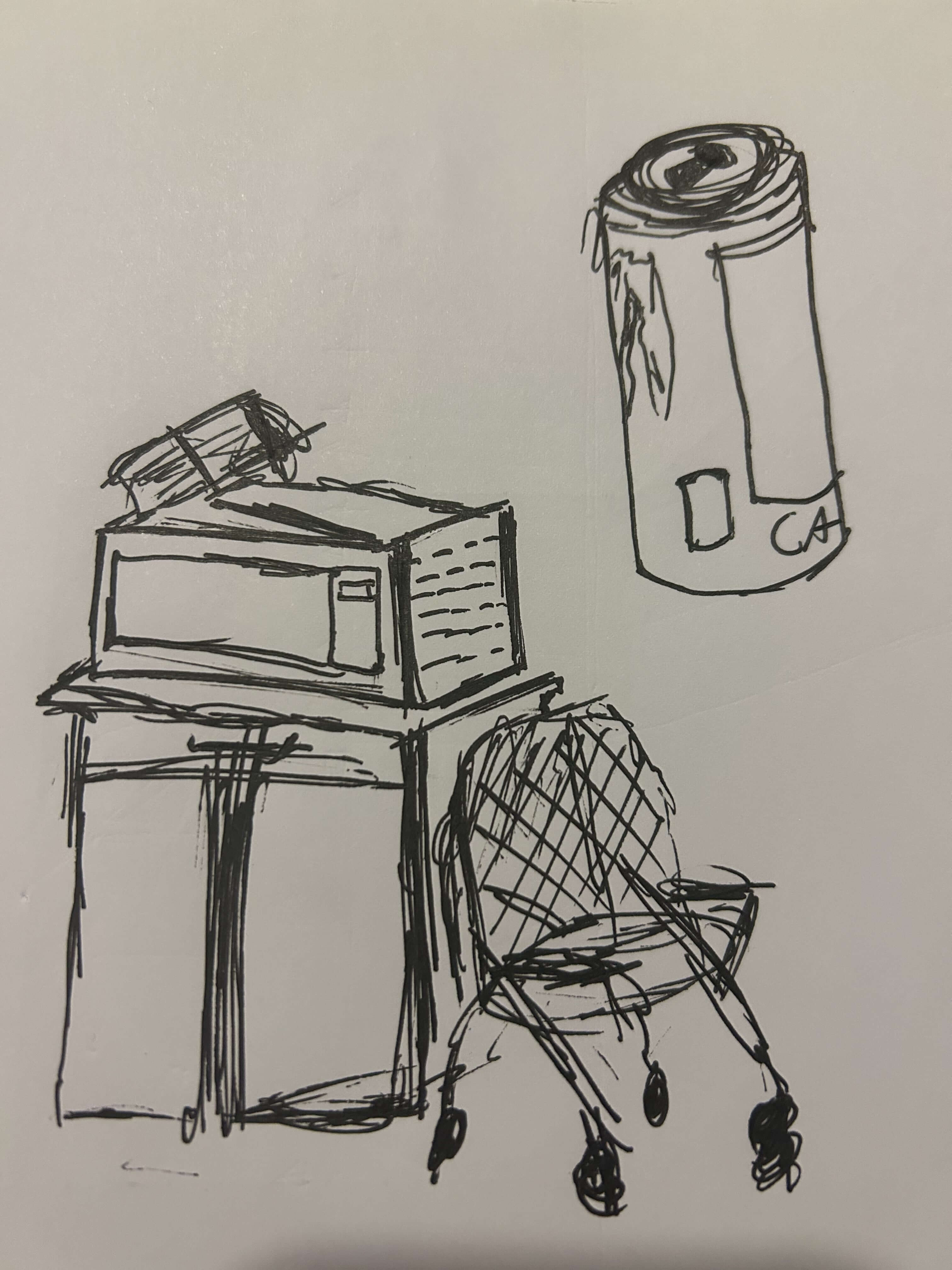 a set of pen sketches, at the top right is a monster can, and the rest of the page is taken up by a cabinet, toaster oven, and a chair.