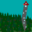 a winding stone tower reaching toward the heavens. the sky is blue. a dark forest lies to the left of the tower.